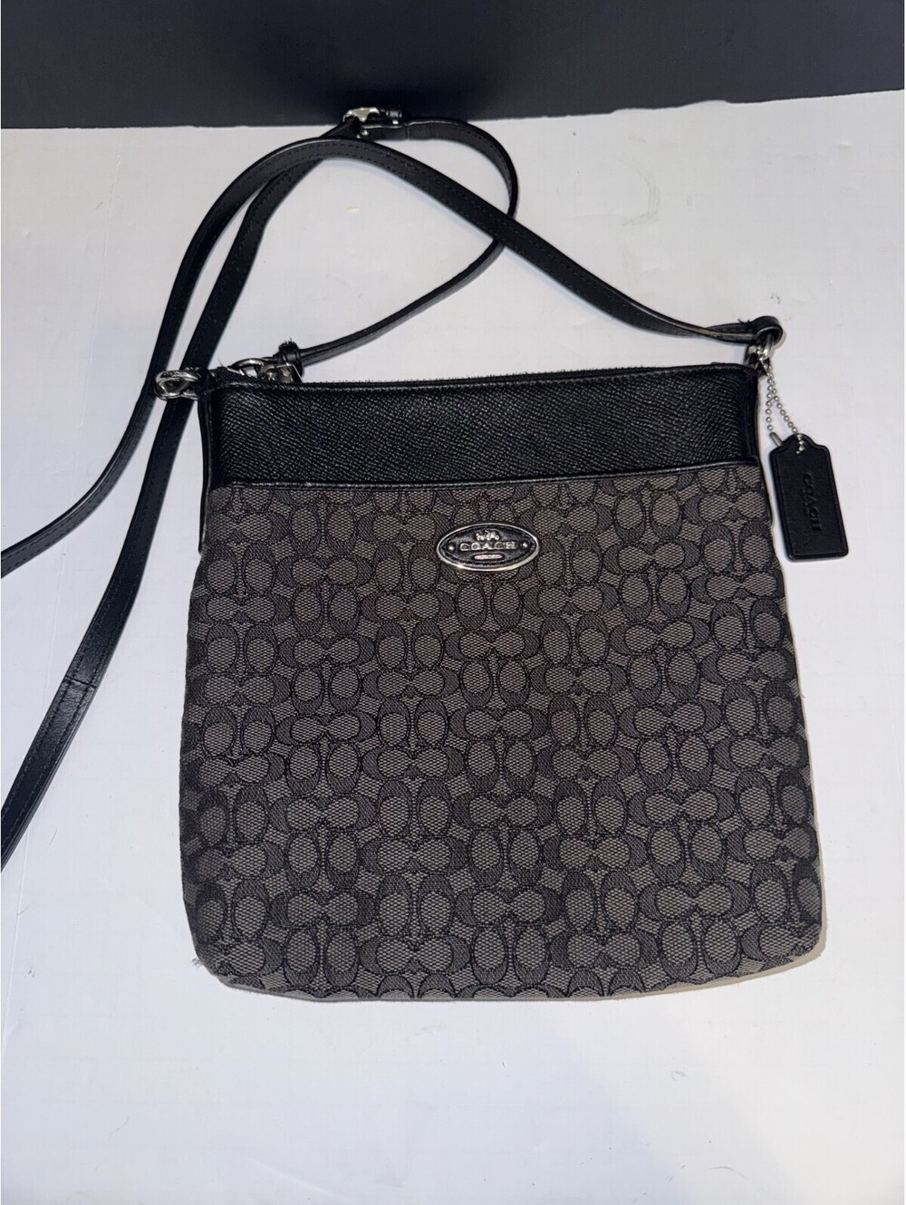 Coach Signature File Crossbody Bag Black Gray Canvas Adjustable Strap Purse